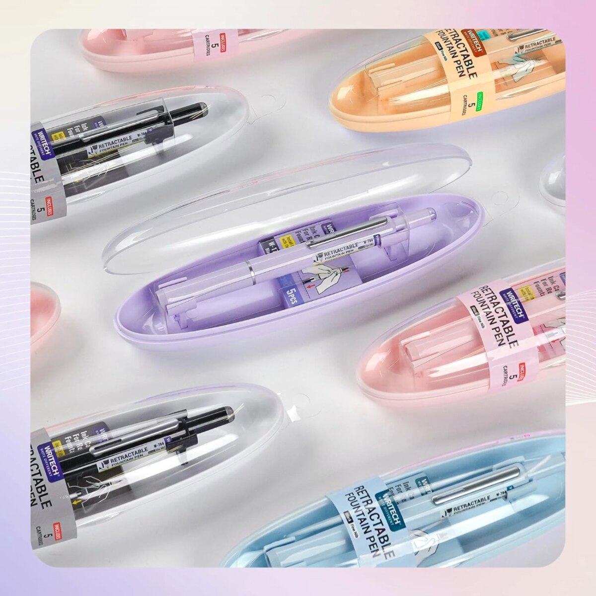 Product photography showing multiple pens in their cylinder shaped packaging